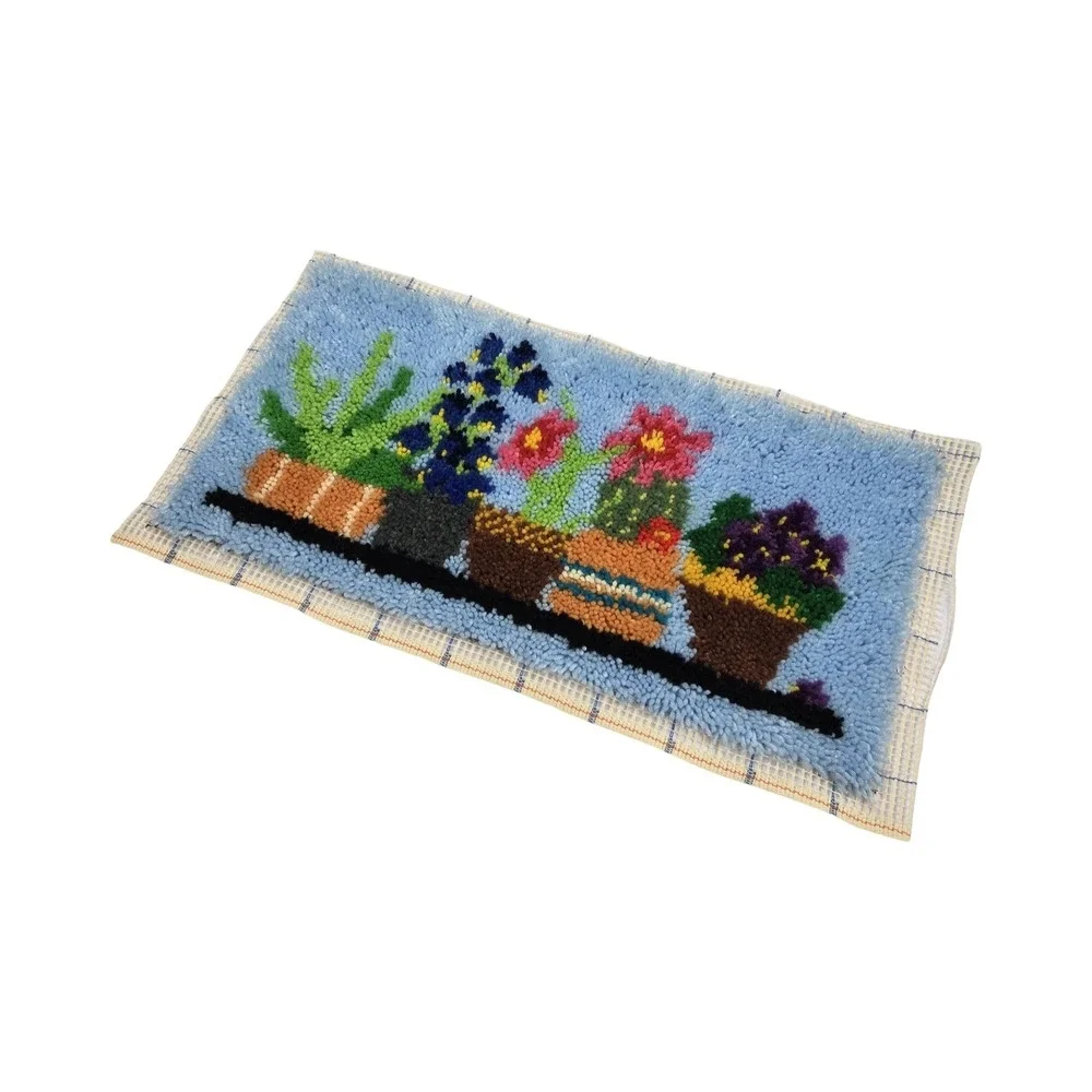VTG 90s Latch Hook Rug Wall Hanging Potted Cacti Succulents Flower Blue Cottage